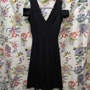 Vtg Elana Kattan Black Cold Shoulder V-Neck Midi Dress with Mesh Skirt Medium